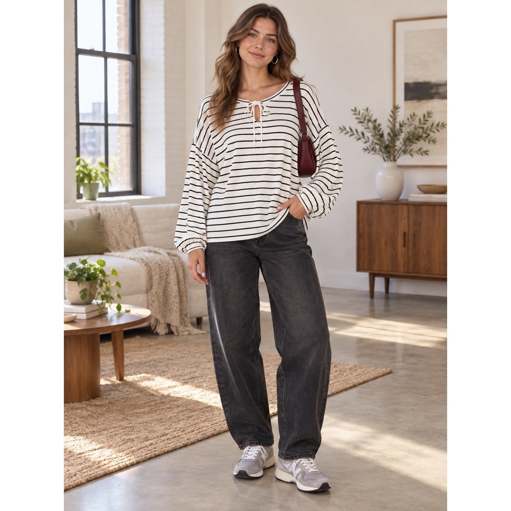 Cabi Striped Tie Neck Long Sleeve Top Black White Bishop Sleeve Oversized M